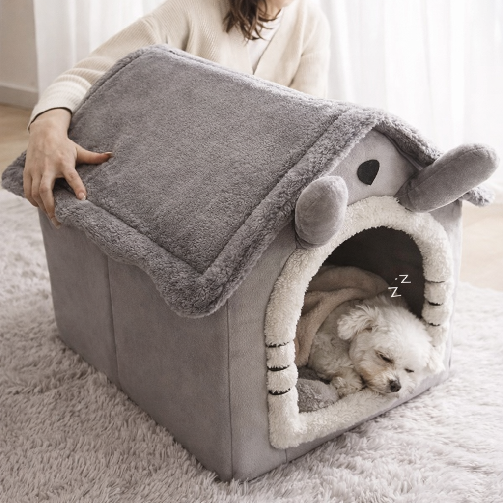 Covered dog house bed with removable top showing a small dog sleeping inside a soft enclosed pet bed