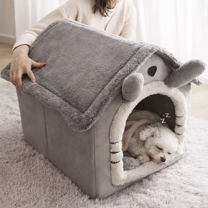 Covered dog house bed with removable top showing a small dog sleeping inside a soft enclosed pet bed