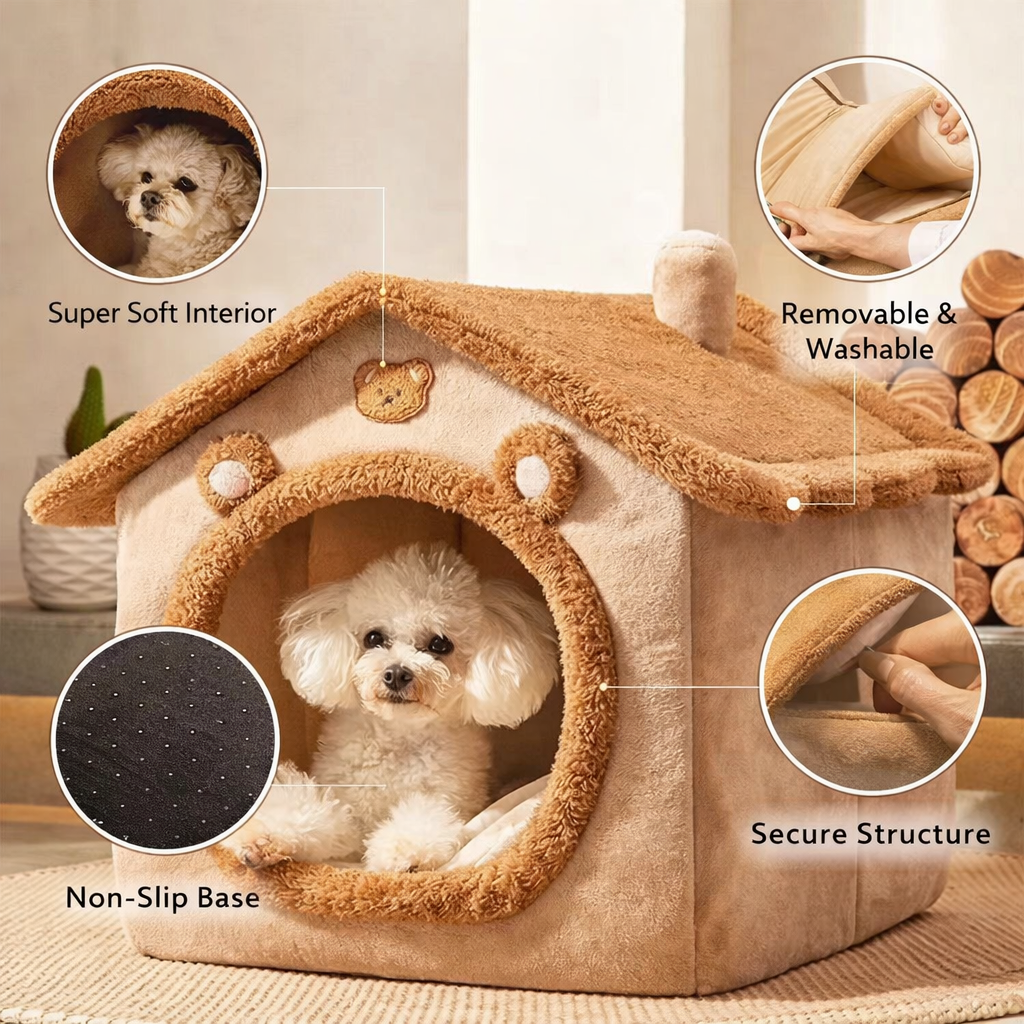Soft indoor dog house bed with removable washable cover, non slip base and cushioned interior for small dogs