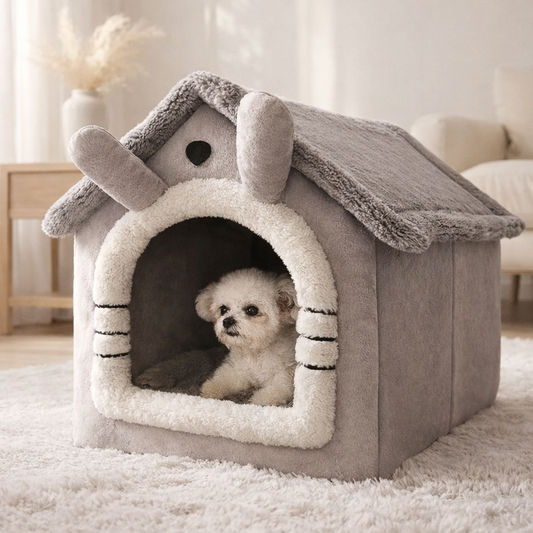 Small dog sitting inside a cozy indoor dog house bed with soft plush interior in a modern home setting