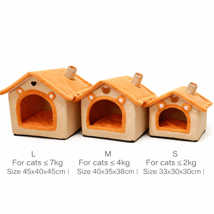 Small, medium and large indoor dog house beds shown with size dimensions for different dog weights and breeds