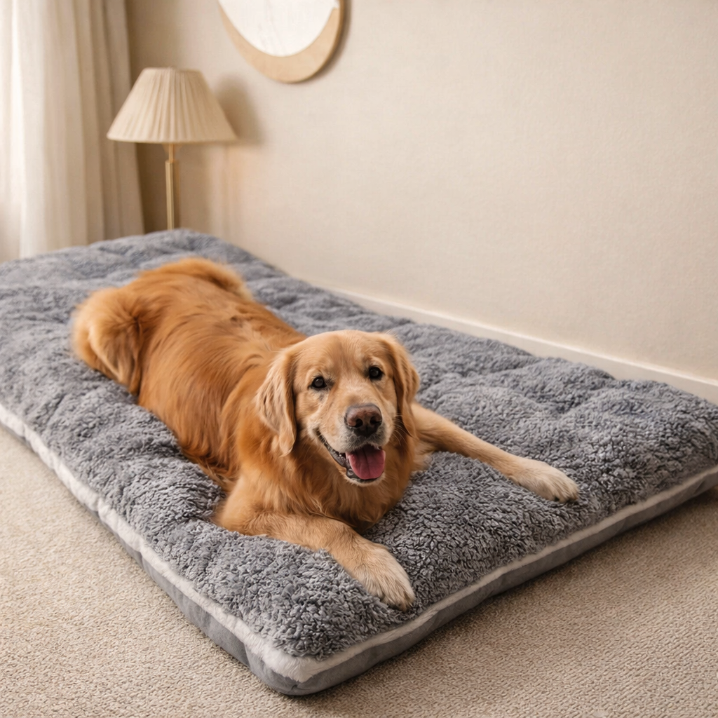 Grey soft pet bed with a corgi sleeping indoors on a plush cushioned surface