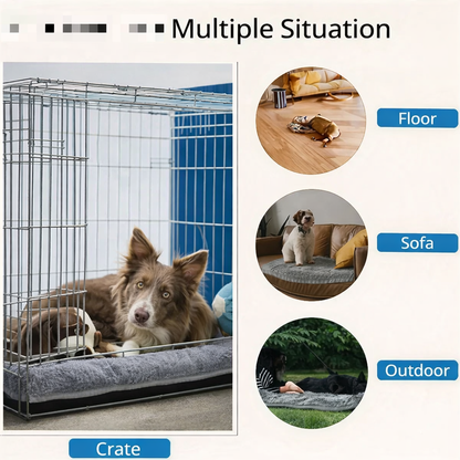 Large blue washable dog bed measuring 120 by 60 cm with a dog sleeping on a soft padded surface