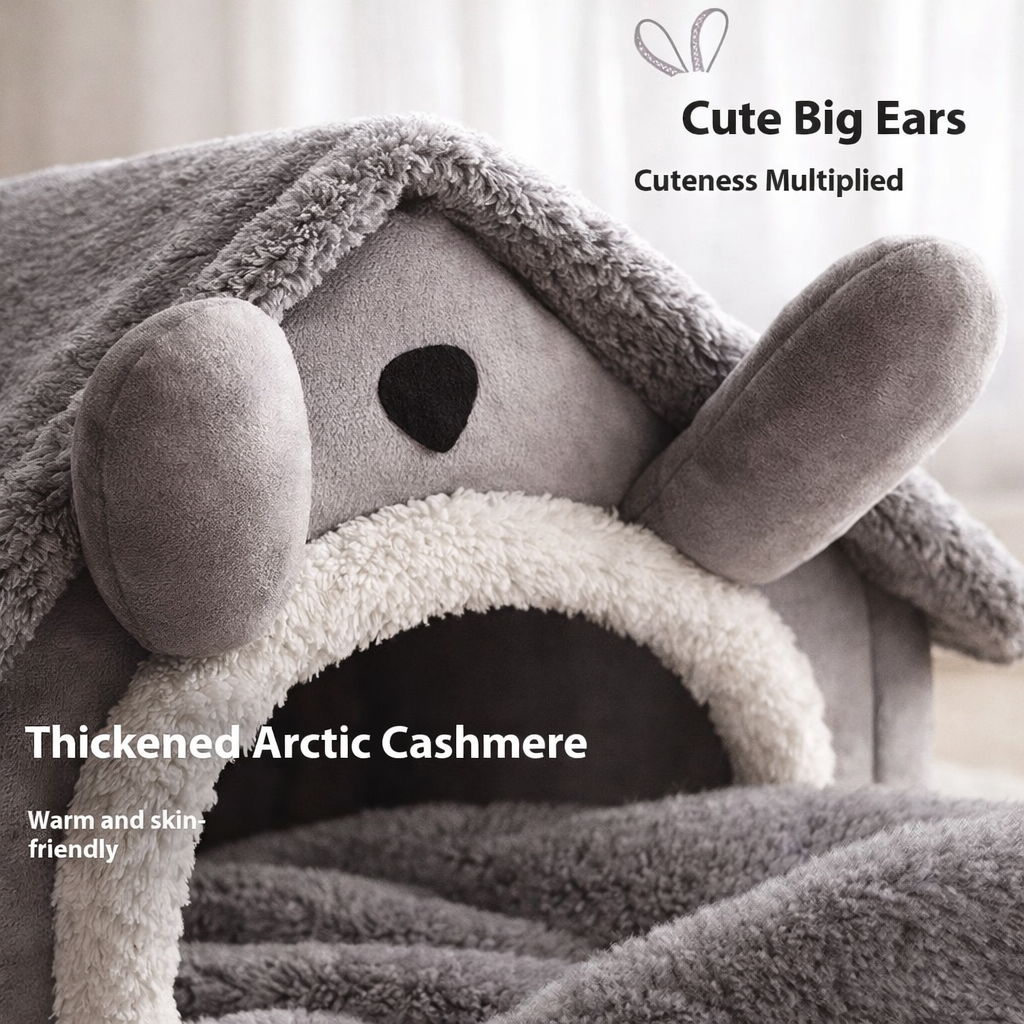 Close up of plush dog house bed made with soft cashmere material designed to keep small dogs warm and comfortable