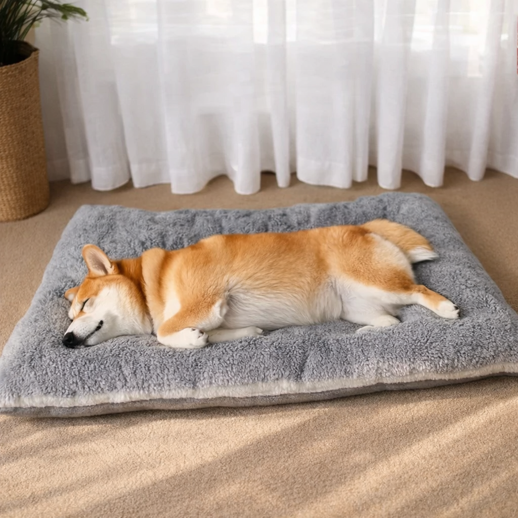 Large grey plush dog bed with a golden retriever lying comfortably in a modern indoor room